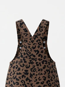 SHEIN Playful Pals Girls' Corduroy Overall Jumpsuit, All-Season New Style, Cute & , Coffee Brown With Leopard Print, Large Bow Design On Chest, Loose Straight Leg Fit, Soft & Comfortable, Suitable For School, Commute, Daily Wear - Coffee Brown - View 8