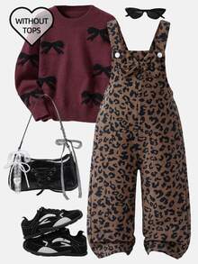SHEIN Playful Pals Girls' Corduroy Overall Jumpsuit, All-Season New Style, Cute & , Coffee Brown With Leopard Print, Large Bow Design On Chest, Loose Straight Leg Fit, Soft & Comfortable, Suitable For School, Commute, Daily Wear - Coffee Brown - View 6