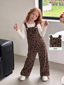 SHEIN Playful Pals Girls' Corduroy Overall Jumpsuit, All-Season New Style, Cute & , Coffee Brown With Leopard Print, Large Bow Design On Chest, Loose Straight Leg Fit, Soft & Comfortable, Suitable For School, Commute, Daily Wear - Coffee Brown - View 4