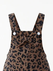 SHEIN Playful Pals Girls' Corduroy Overall Jumpsuit, All-Season New Style, Cute & , Coffee Brown With Leopard Print, Large Bow Design On Chest, Loose Straight Leg Fit, Soft & Comfortable, Suitable For School, Commute, Daily Wear - Coffee Brown - View 7