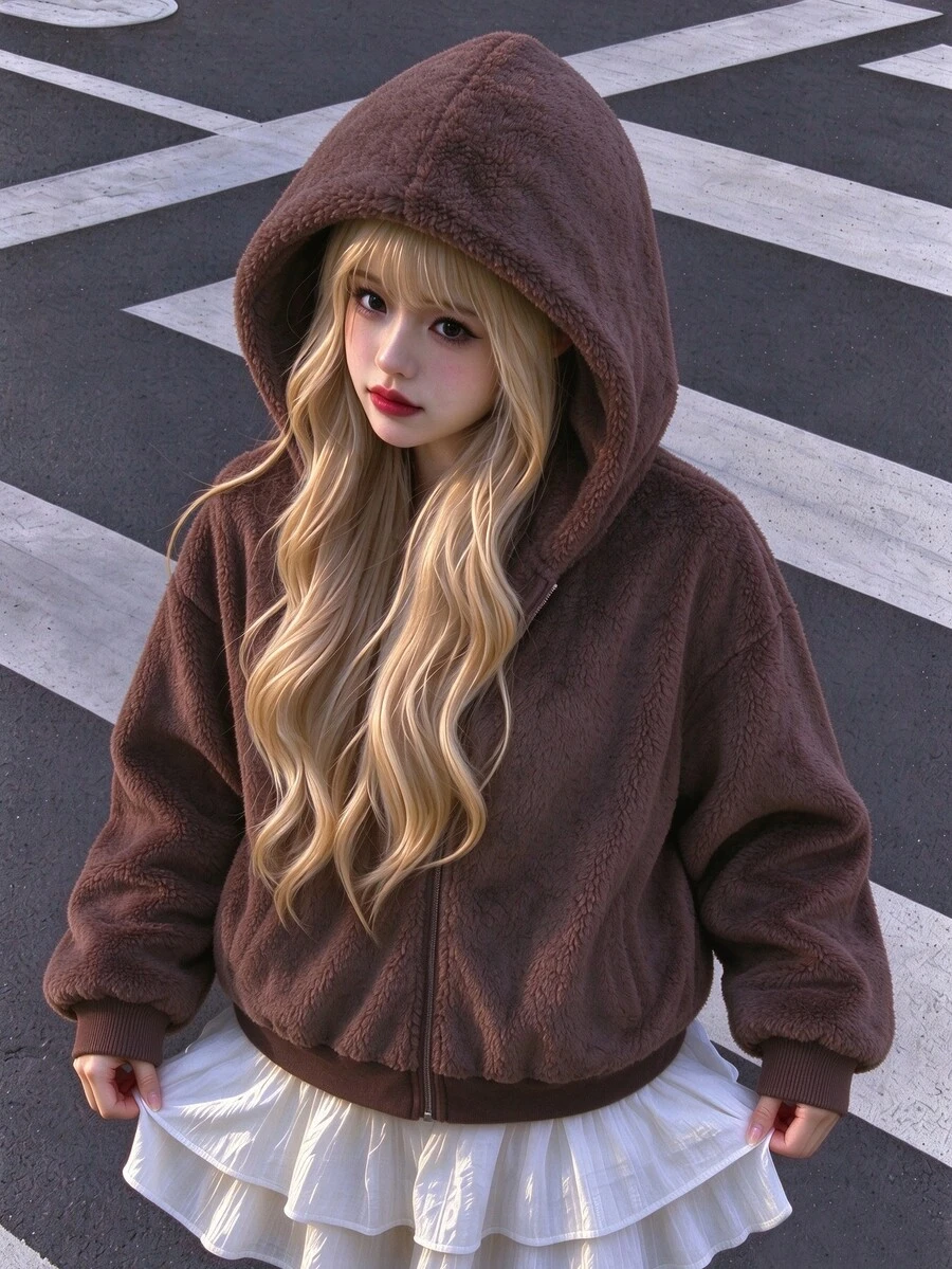 SHEIN 青少年女孩拉鍊休閒日常連帽衛衣,萬聖節秋季款 - 棕色 - 查看 1