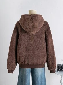 SHEIN 青少年女孩拉鍊休閒日常連帽衛衣，萬聖節秋季款 - 棕色 - 查看 3