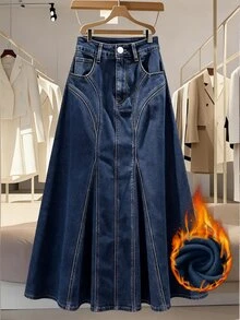 GlowEve Plus Size Women's Spring/Summer Washed Pleated Button Denim Skirt - Dark Wash - View 1