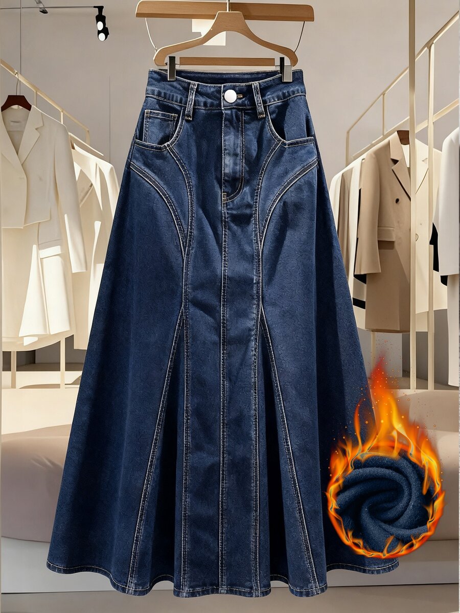GlowEve Plus Size Women's Spring/Summer Washed Pleated Button Denim Skirt - Dark Wash - View 1