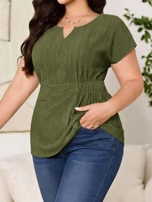 Reflora Plus Size Summer Casual Solid Color Waist-Cinching Shirt - Army Green - View 2