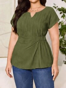 Reflora Plus Size Summer Casual Solid Color Waist-Cinching Shirt - Army Green - View 7