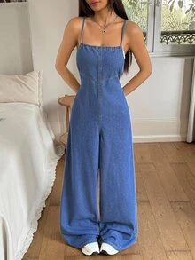 Rivivi Bộ jumpsuit denim ống rộng hai dây thoải mái cho kỳ nghỉ - Rửa nhẹ - Xem 4