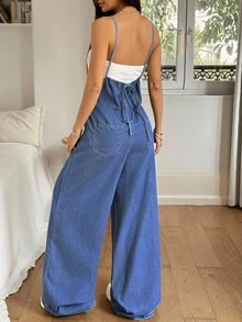 Rivivi Bộ jumpsuit denim ống rộng hai dây thoải mái cho kỳ nghỉ - Rửa nhẹ - Xem 3
