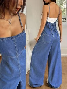 Rivivi Bộ jumpsuit denim ống rộng hai dây thoải mái cho kỳ nghỉ - Rửa nhẹ - Xem 9
