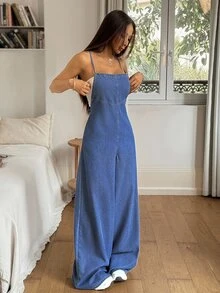 Rivivi Bộ jumpsuit denim ống rộng hai dây thoải mái cho kỳ nghỉ - Rửa nhẹ - Xem 5