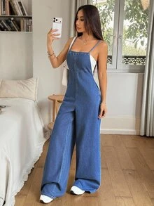 Rivivi Bộ jumpsuit denim ống rộng hai dây thoải mái cho kỳ nghỉ - Rửa nhẹ - Xem 2