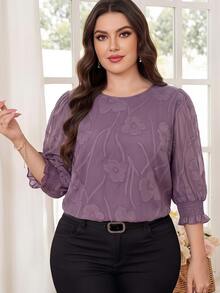 Reflora Plus Size Women's Floral Print Round Neck Cuffed Elegant Blouse Autumn Office Party Evening Formal Dark Purple Teachers' Day Fall - Purple - View 2