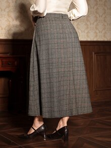 Auvina Women's Fall Winter Grey Brown Plaid High-Waist Button-Down A-Line Skirt, Belted Swing Skirt, Sophisticated Occasion Wear For Commute Daily - Brown - View 3
