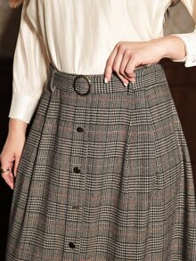 Auvina Women's Fall Winter Grey Brown Plaid High-Waist Button-Down A-Line Skirt, Belted Swing Skirt, Sophisticated Occasion Wear For Commute Daily - Brown - View 5