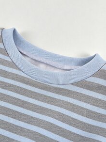 SHEIN One-Piece Long-Sleeve Sweatshirt With Neutral Blue White Stripe Block Stripes, Vintage Casual Loose Crew Neck Top For Girls, Suitable For Fall School - Multicolor - View 6