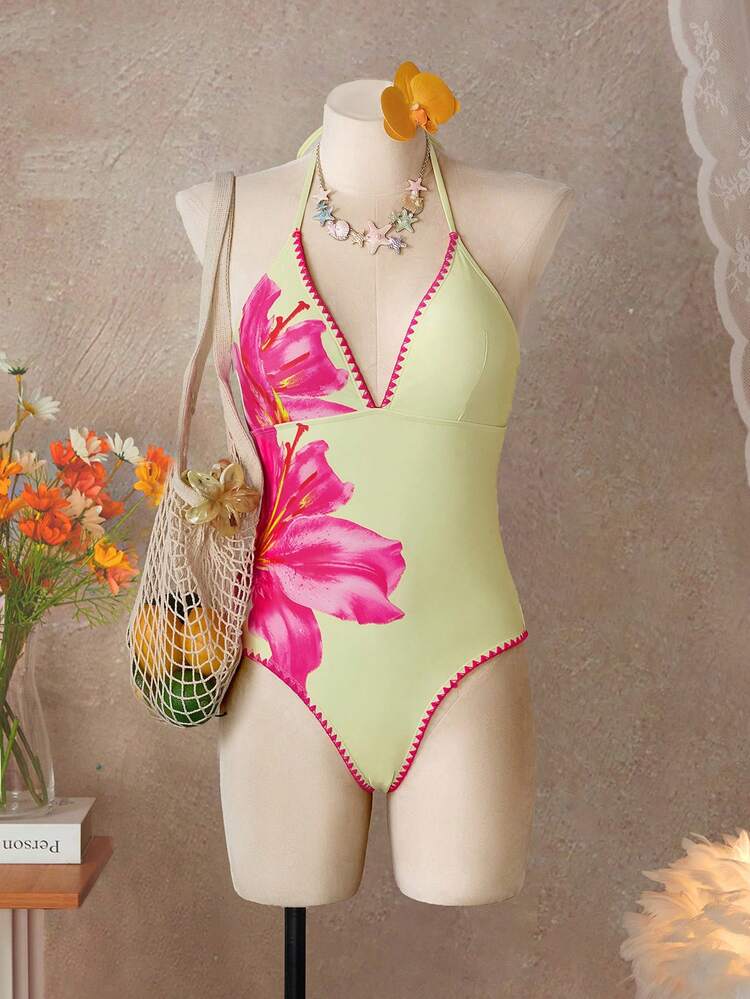 Swim Vcay Women's Yellow Summer Boho Beach Vacation Scallop Edge One-Piece Swimsuit,Floral Hibiscus Print Bathing Suit,Holiday,Bohemian Fruit Colorful Swimwear - Multicolor - View 8