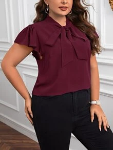SHEIN Clasi Plus Size Women's Summer Solid Color Tie Neck Ruffle Sleeve Elegant Blouse - Burgundy - View 4