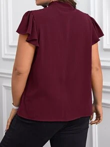 SHEIN Clasi Plus Size Women's Summer Solid Color Tie Neck Ruffle Sleeve Elegant Blouse - Burgundy - View 7