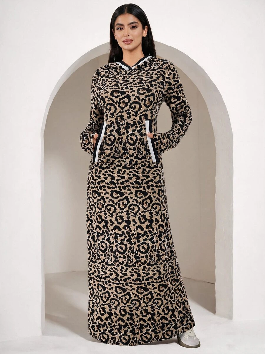 Veilorie Women's Leopard Print Pockets Long Sleeve Hooded Casual Abaya Modest Dress