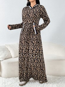 Veilorie Women's Leopard Print Pockets Long Sleeve Hooded Casual Abaya Modest Dress - Khaki - View 4
