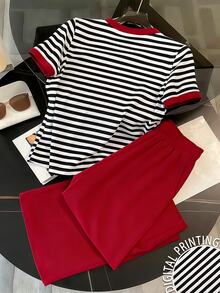 SHEIN Women's Casual Striped T-Shirt And Solid Color Pants 2-Piece Set, Summer - Black and White - View 2
