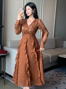 DAZY Women's Sequin Design V-Neck Patchwork Ruffle Elegant Long Sleeve Dress Fall - Burnt Orange - View 6