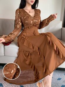 DAZY Women's Sequin Design V-Neck Patchwork Ruffle Elegant Long Sleeve Dress Fall - Burnt Orange - View 10
