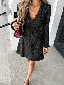 SHEIN PariChic Women's Spring/Autumn Elegant Polka Dot Print V-Neck Contrast Lace Trim Lantern Sleeve Single-Breasted Dress - Black - View 5