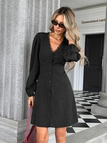 SHEIN PariChic Women's Spring/Autumn Elegant Polka Dot Print V-Neck Contrast Lace Trim Lantern Sleeve Single-Breasted Dress - Black - View 6