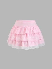 Sweetra Black Jacquard Textured Fabric Lace Trim Slim Y2K Multilayer A-Line Puff Cake Skirt Mini Skirt - Baby Pink - View 5