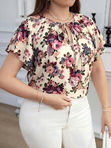 Reflora Áo blouse nữ size lớn màu be thanh lịch họa tiết hoa mùa hè, cổ thắt nơ phía trước, phù hợp làm khách mời đám cưới, tiệc trà và trang phục lễ hội Carnival - Nhiều màu - Xem 3