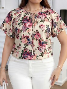 Reflora Áo blouse nữ size lớn màu be thanh lịch họa tiết hoa mùa hè, cổ thắt nơ phía trước, phù hợp làm khách mời đám cưới, tiệc trà và trang phục lễ hội Carnival - Nhiều màu - Xem 4