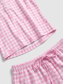 SHEIN MOD 粉色格子蝴蝶结印花装饰白色纽扣休闲时尚修身睡衣套装 - 粉色 - 查看 6