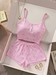 SHEIN MOD 粉色格子蝴蝶结印花装饰白色纽扣休闲时尚修身睡衣套装 - 粉色 - 查看 8