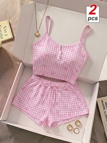 SHEIN MOD 粉色格子蝴蝶结印花装饰白色纽扣休闲时尚修身睡衣套装 - 粉色 - 查看 2