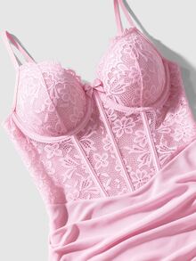 SHEIN MOD 2件組蕾絲拼接透視網眼女款性感內衣套裝（鋼圈胸罩 & 內褲） - 粉色 - 查看 5