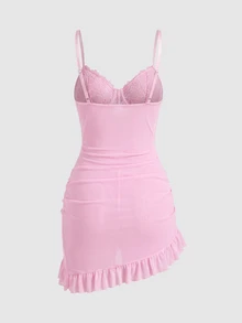 SHEIN MOD 2件組蕾絲拼接透視網眼女款性感內衣套裝（鋼圈胸罩 & 內褲） - 粉色 - 查看 4