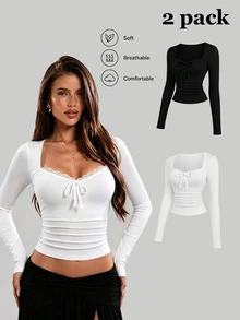 Sweetra 2PCS Women Patchwork Lace Bow Long Sleeve T-Shirts - Multicolor - View 3