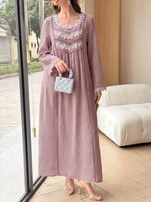 Yasveil Round Neck Floral Lace Textured Arabian Dress - Red - View 5