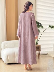 Yasveil Round Neck Floral Lace Textured Arabian Dress - Red - View 7
