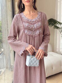 Yasveil Round Neck Floral Lace Textured Arabian Dress - Red - View 4
