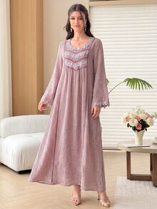 Yasveil Round Neck Floral Lace Textured Arabian Dress - Red - View 2