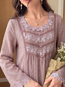 Yasveil Round Neck Floral Lace Textured Arabian Dress - Red - View 8
