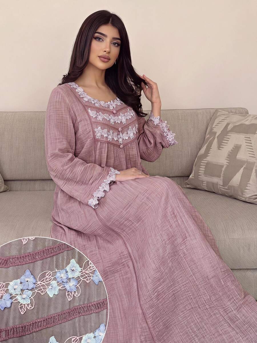 Yasveil Round Neck Floral Lace Textured Arabian Dress - Red - View 1