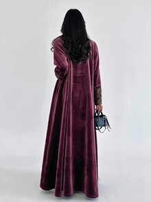 Yasveil Women's Burgundy Knit Flocked Long Sleeve Patchwork Flocked Straight Leg Elegant Commute Abaya - Burgundy - View 2