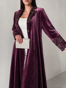Yasveil Women's Burgundy Knit Flocked Long Sleeve Patchwork Flocked Straight Leg Elegant Commute Abaya - Burgundy - View 5