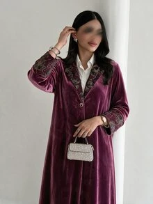 Yasveil Women's Burgundy Knit Flocked Long Sleeve Patchwork Flocked Straight Leg Elegant Commute Abaya - Burgundy - View 9