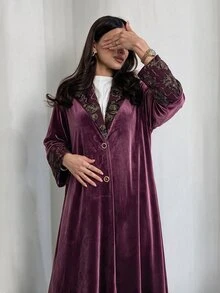 Yasveil Women's Burgundy Knit Flocked Long Sleeve Patchwork Flocked Straight Leg Elegant Commute Abaya - Burgundy - View 10