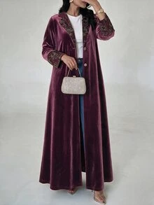 Yasveil Women's Burgundy Knit Flocked Long Sleeve Patchwork Flocked Straight Leg Elegant Commute Abaya - Burgundy - View 8
