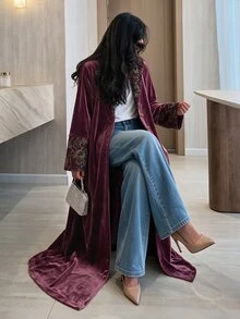 Yasveil Women's Burgundy Knit Flocked Long Sleeve Patchwork Flocked Straight Leg Elegant Commute Abaya - Burgundy - View 7